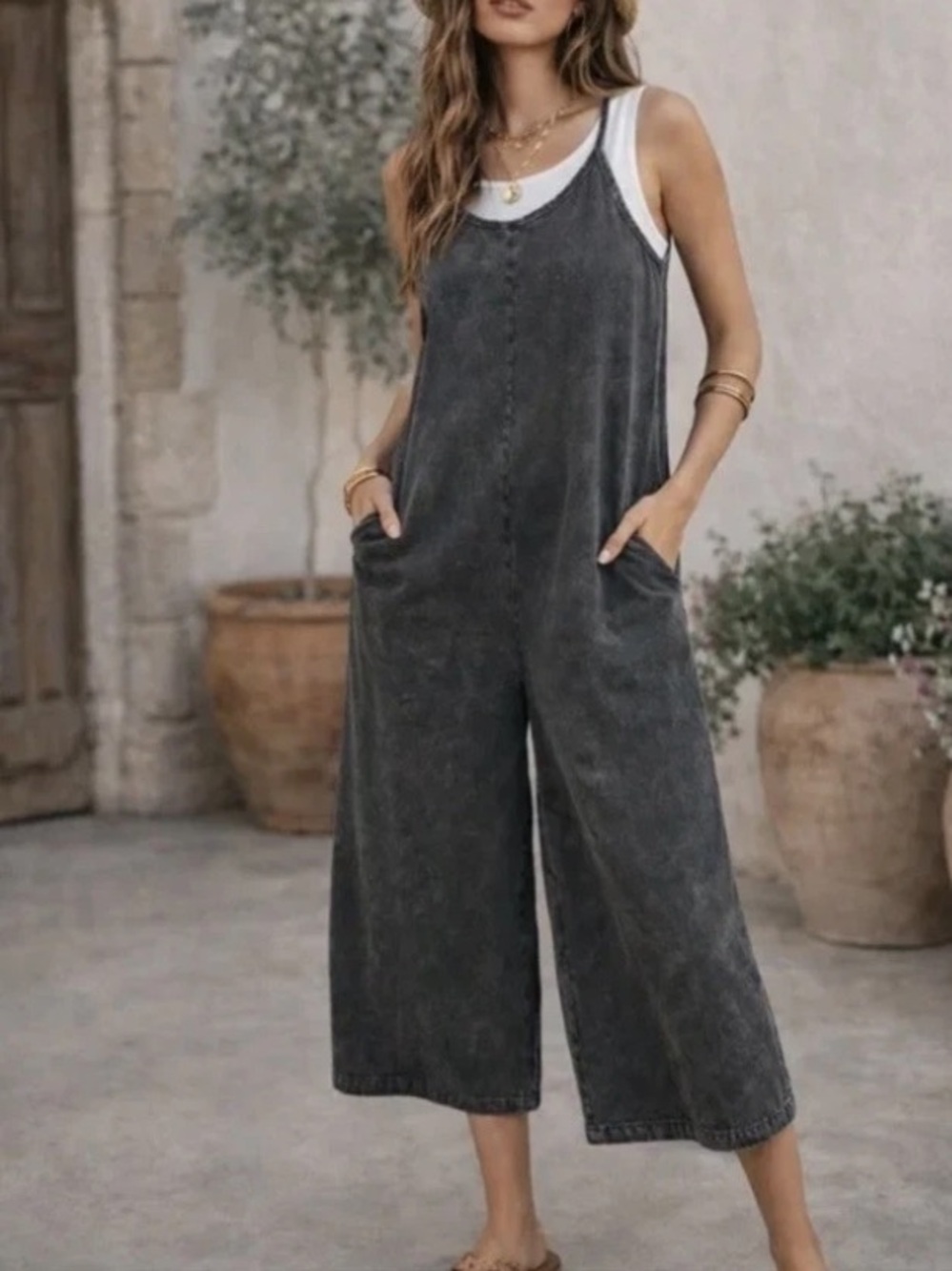 Anthropologie Sundry charcoal black wide leg jumpsuit with a mineral wash finish